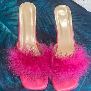 Elegant Pink Feathered Women's Slide Sandals Heels